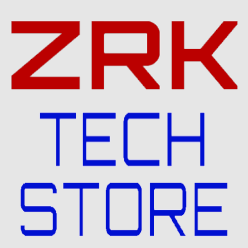 red capital letters, characters Z, R, K smaller upper case letters spelling the words tech, store